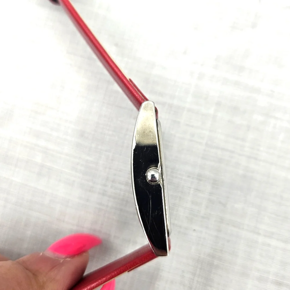 Nine‎ West Womens Watch Red Leather Strap Silver Rectangular Dial Needs Battery